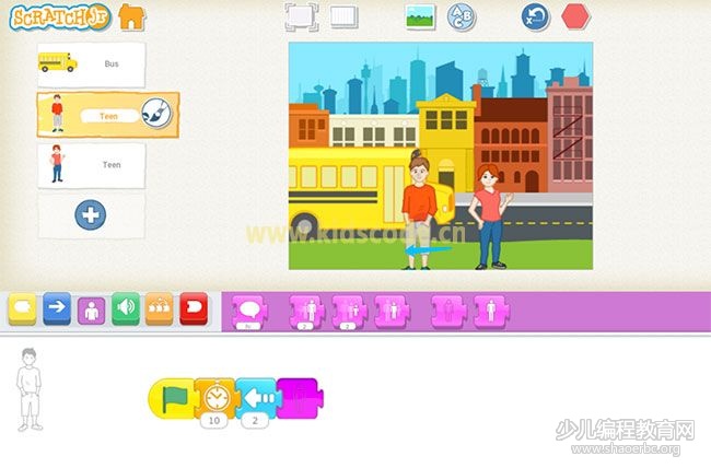 scratchjr圖文教程：第三章我的故事【有序上車】kidscode.cn