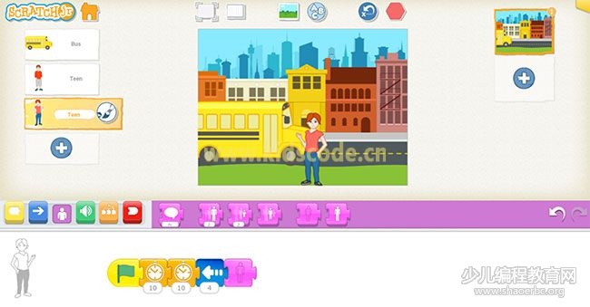 scratchjr圖文教程：第三章我的故事【有序上車】kidscode.cn